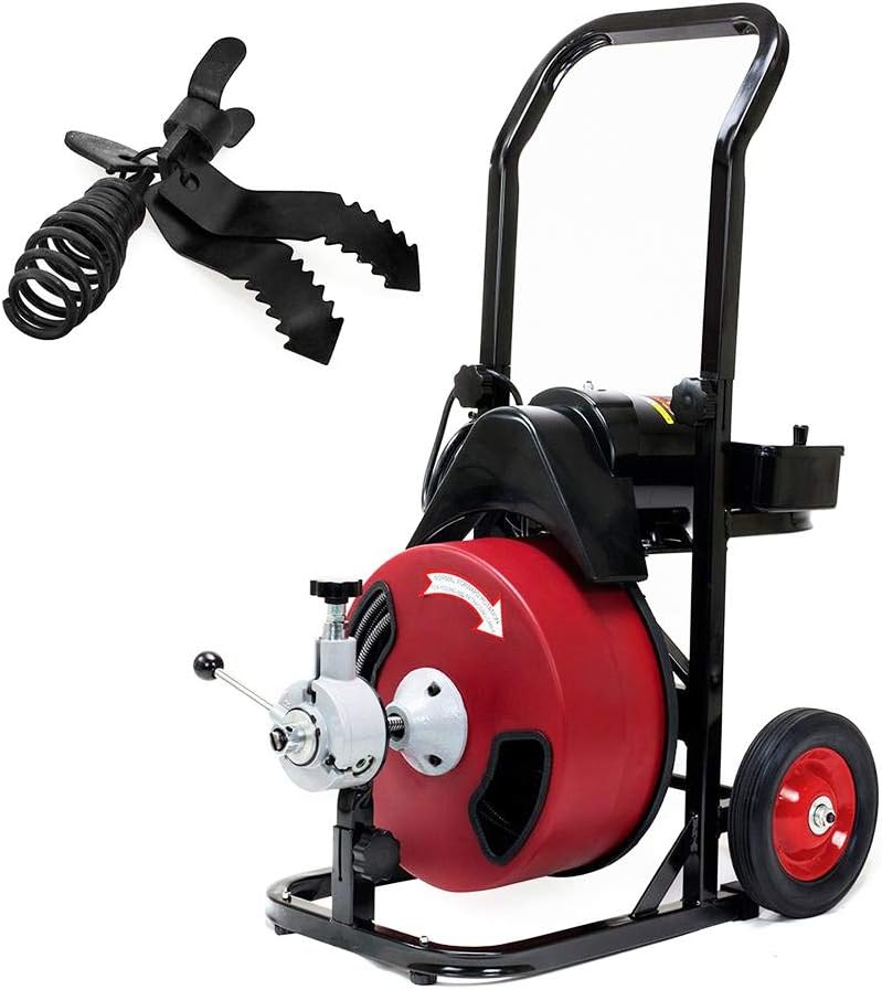 XtremepowerUS Commercial Sewer Snake Drill Drain Auger Cleaner Cable 50-Feet Long 1/2 (4)-Cutter Set & Foot Switch with Wheel
