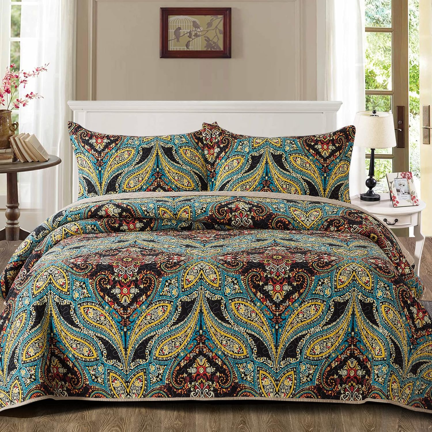 NEWLAKE Cotton Bedspread Quilt Sets-Reversible Patchwork Coverlet Set, European Rouge Floral Pattern, Bundle