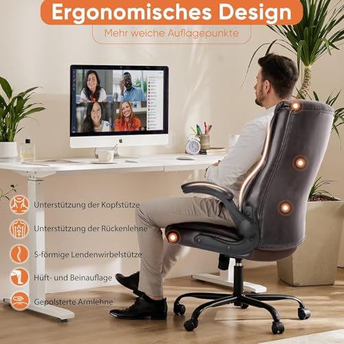 Sweetcrispy Ergonomic Computer Gaming Office Chair, Heavy Duty Task Desk Swivel Rolling Chairs with Wheels, Flip-up Arms, Adjustable Height, PU Leather, Black