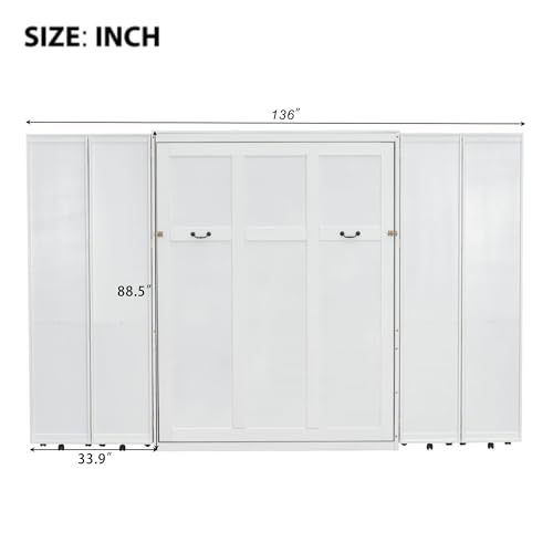 MERITLINE Foldable Hidden Queen Murphy Bed Cabinet with Storage Bookshelf Bookcase, Wood White Murphy Wall Bed with Storage Shelves for Adults (Espresso)