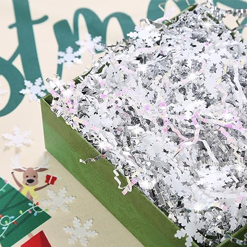 PAPER FAIR 1LB Metallic Red Green Christmas Crinkle Cut Paper Shred Filler w/Tree & Snowflake Confetti, Gift Wrap Packaging Raffia Tissue Strand, Craft Bedding Cushion, Winter Birthday Box Basket