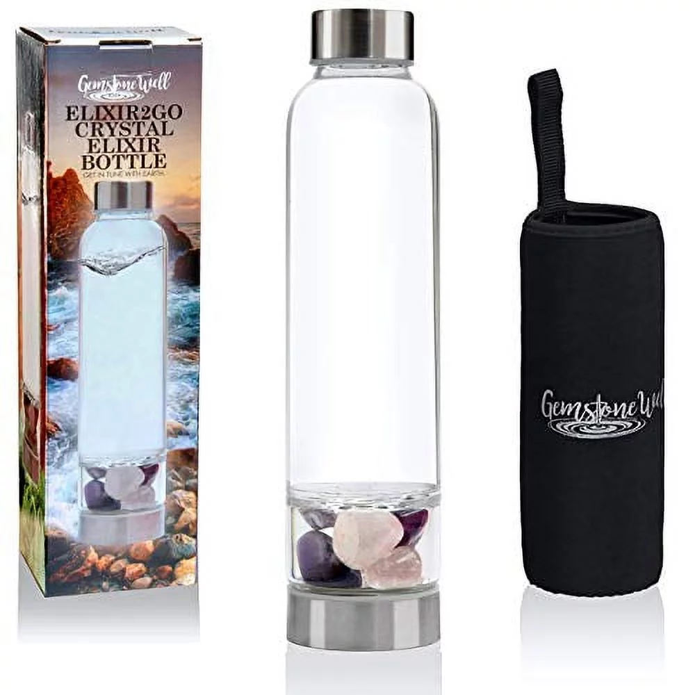 Crystal Water Bottle Elixir Set | Includes Authentic Amethyst & Clear Quartz Crystals And Healing Stones | Black Neoprene Sleeve | Drink Gem Infused Water On The Go
