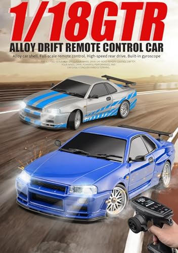 LD1899 1/18 RC Drift Car GTR R34 2.4GHz RWD with Gyroscope on-Road Alloy Body Shell Racing Cars Radio Control (Blue)