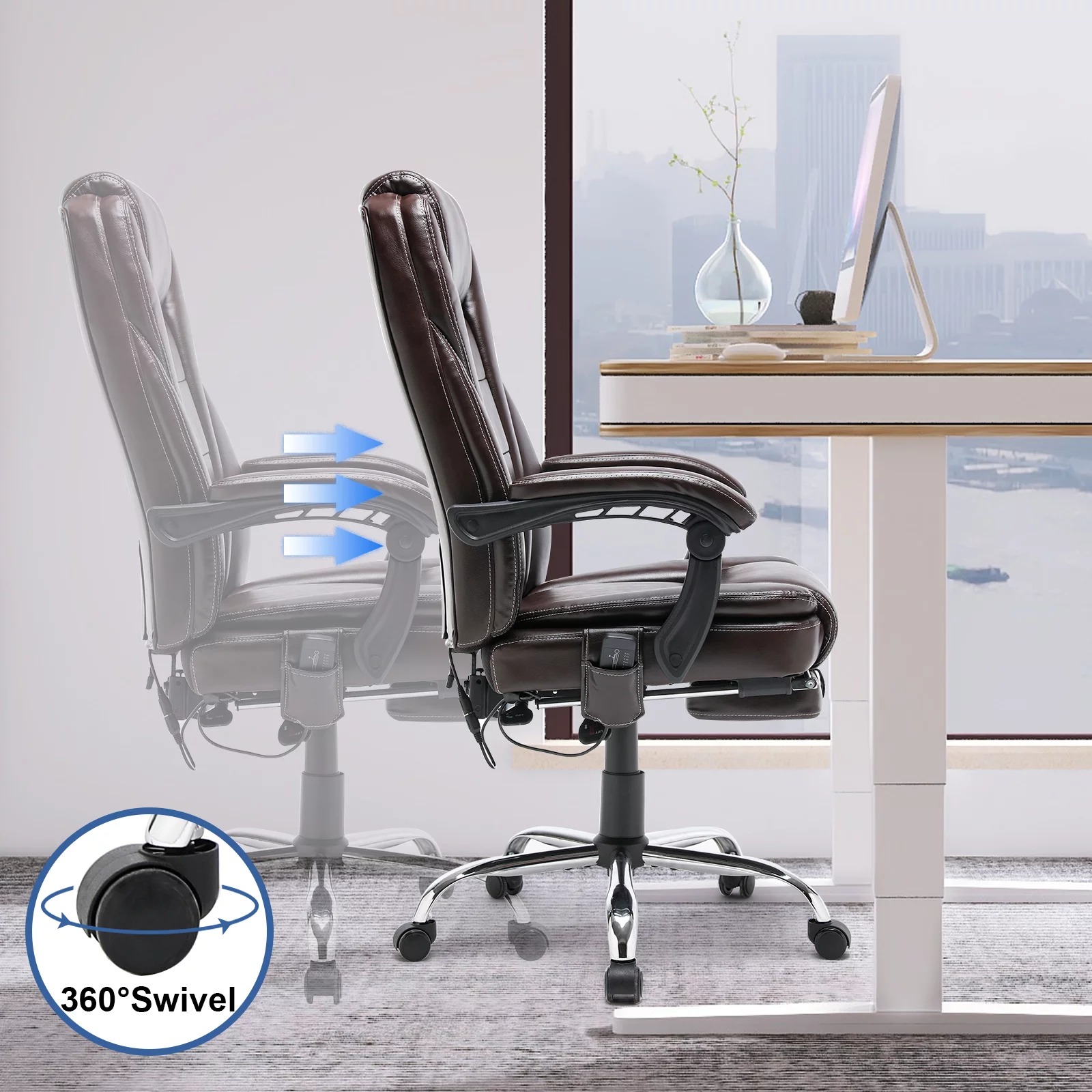 Homrest Executive Massage Office Chair, Ergonomic High Back Cushion, PU Leather Computer Desk Chair with Footrest, Padded Armrest, Adjustable Height, Brown