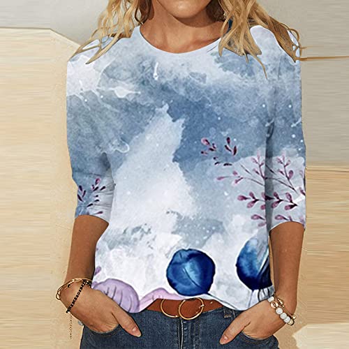 Women's Tops 3/4 Sleeve Casual Loose Crew Neck Shirts Trendy Floral Print Blouses Summer Comfy T Shirts