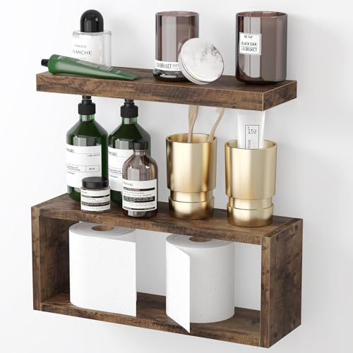 Fixwal 2+1 Tier Floating Shelves, Rustic Bathroom Shelves Over Toilet with Invisible Brackets, Farmhouse Wall Decor for Bedroom, Living Room, Kitchen and Plants (Rustic Brown)