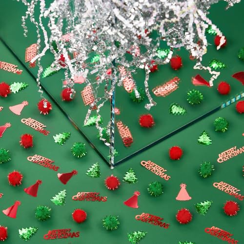 PAPER FAIR 1LB Metallic Red Green Christmas Crinkle Cut Paper Shred Filler w/Tree & Snowflake Confetti, Gift Wrap Packaging Raffia Tissue Strand, Craft Bedding Cushion, Winter Birthday Box Basket