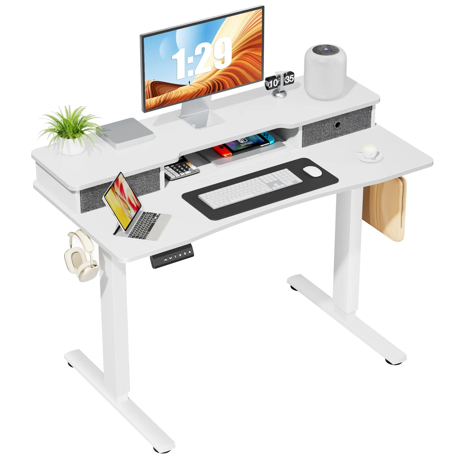 CoSoTower Home Office Height Adjustable Electric Standing Desk with Storage Shelf Double Drawer