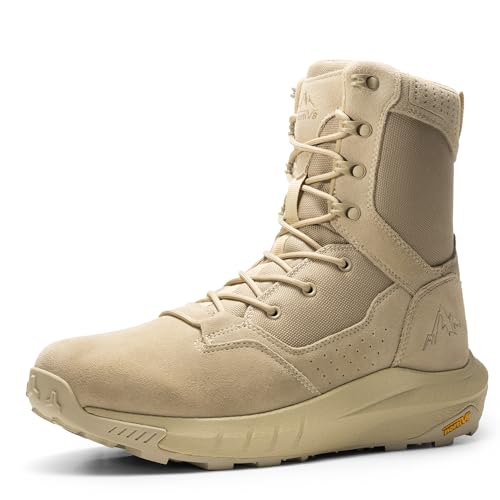 NORTIV 8 Men's Breathable Military Tactical Combat Boots Side Zipper Arch Support Leather Lightweight Motorcycle Work Hiking Boots 8 Inches DesertStorm
