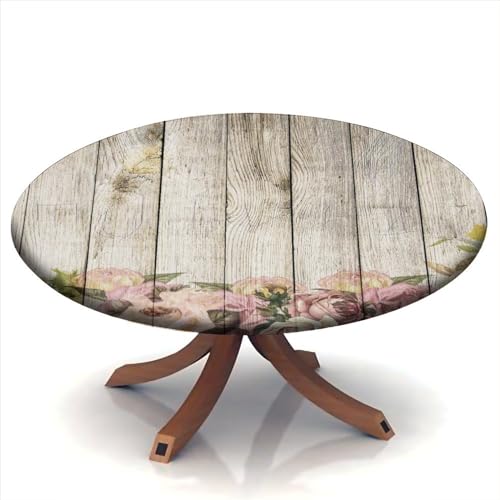 SongYi Fitted Tablecloth Round, Vintage Wood Grain Elastic Edge Polyester Decorative Table Clothes, Fit for 32