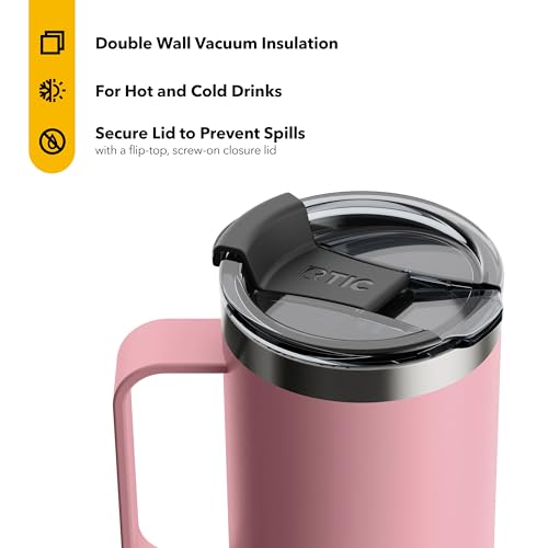 RTIC 20 oz Coffee Travel Mug with Lid and Handle, Stainless Steel Vacuum-Insulated Mugs, Leak, Spill Proof, Hot Beverage and Cold, Portable Thermal Tumbler Cup for Car, Camping