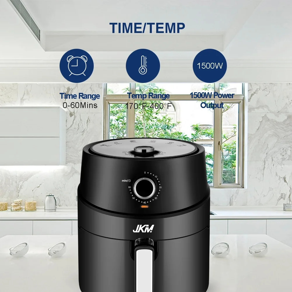 JKM Air Fryer 3.7 Quart, mechanical Air Fryer Oven, Adjustable Timer & Temp, No Oily Smoke Frying Cooking, Auto Shut Off, 1500W, Black