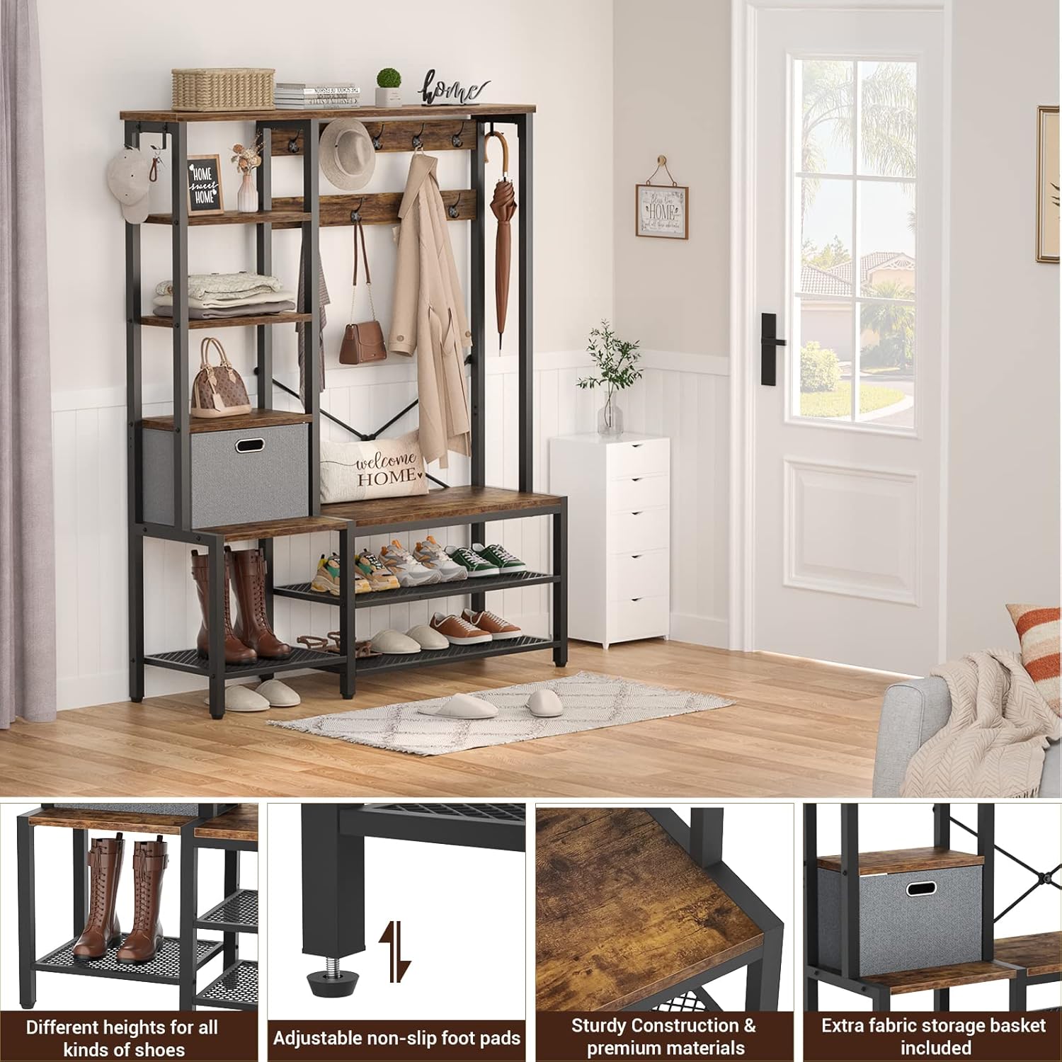 Aheaplus Hall Tree with Storage Bench, Coat Rack, 5-Tier Shelves, Fabric Storage Basket, Side hooks, 71’’ Industrial 5 in 1 Large Organizer, Wood Look Accent Furniture-Sturdy Metal Frame, Rustic Brown