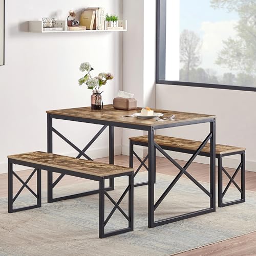 VECELO Kitchen Table with 2 Benches for 4, 43.3'' Wood Dining Room Dinette Sets with X Metal Frame for Breakfast Nook and Small Space, Brown