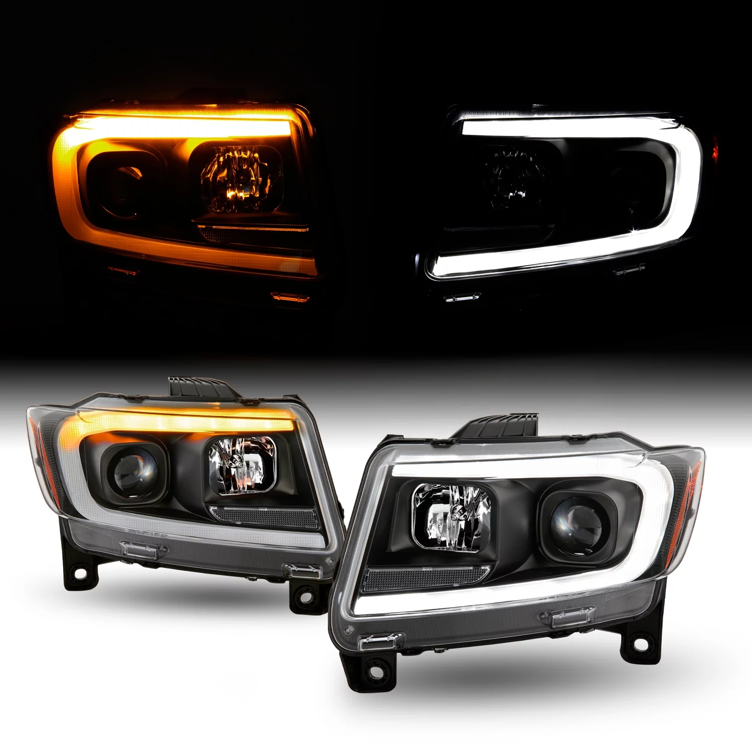 AKKON - Fits 2011 2012 2013 Jeep Grand Cherokee [C Tube Bar] Sequential Turn Signal Projector Black Headlights Pair Left + Right