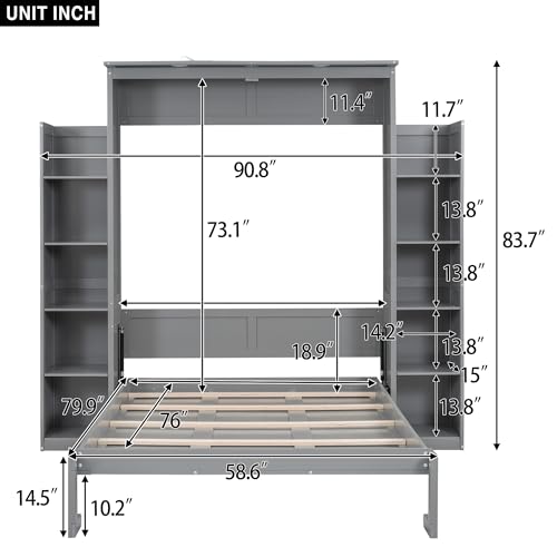 Merax Queen Size Wood Modern Murphy Bed with 2 Five-Layer Cabinet, Wall Bed with Shelves and LED Lights, Foldable Platform Bed Folded into Cabinet for Guest Room, Home and Office, Grey