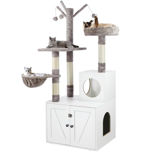 Cat Tree Tower with Litter Box Enclosure, 2-in-1 Wooden Cat Condo with Sisal Scratching Post, Hammock, Brown