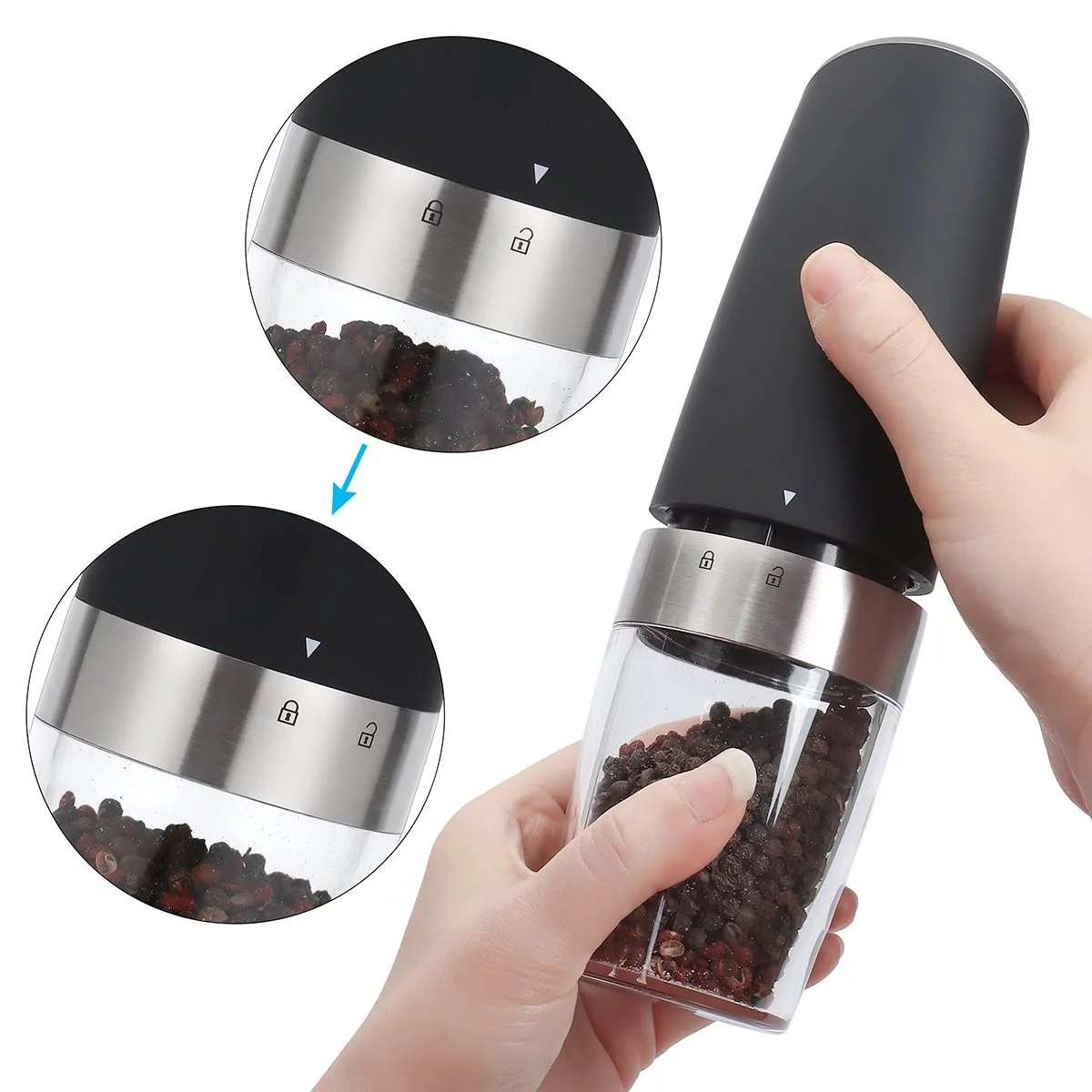 Deago 2 Pack Electric Gravity Salt and Pepper Grinder Set with Adjustable Coarseness Automatic Pepper and Salt Mill Grinder Battery Powered with LED Light