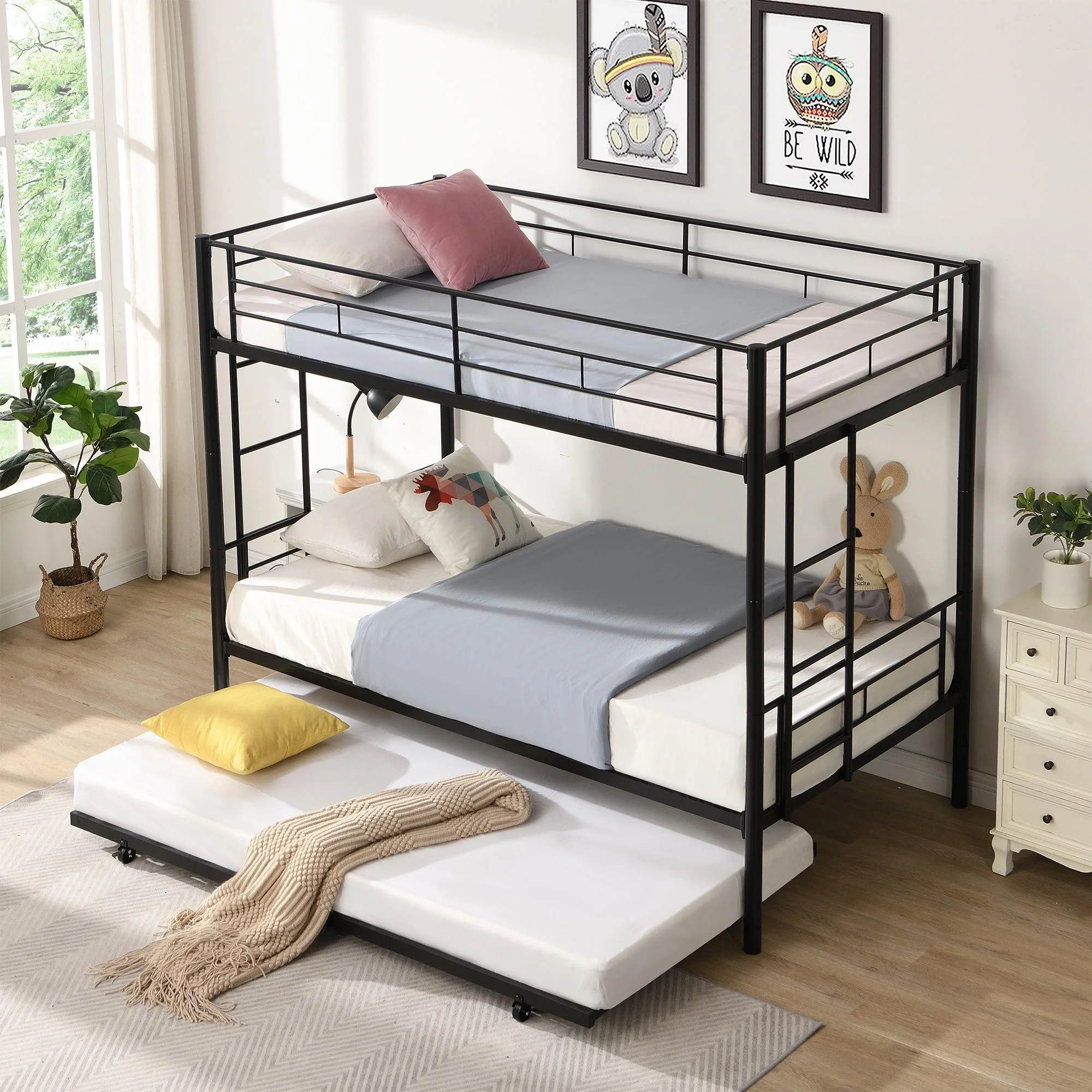 Seizeen Twin Over Twin Bunk Bed, Heavy Duty Metal Bed Frame with Trundle, Twin Over Twin Size Bed with 2 Side Ladder and Safety Rails, Bunk Beds for Kids Guest Small Rooms Up to 3 Persons, Black
