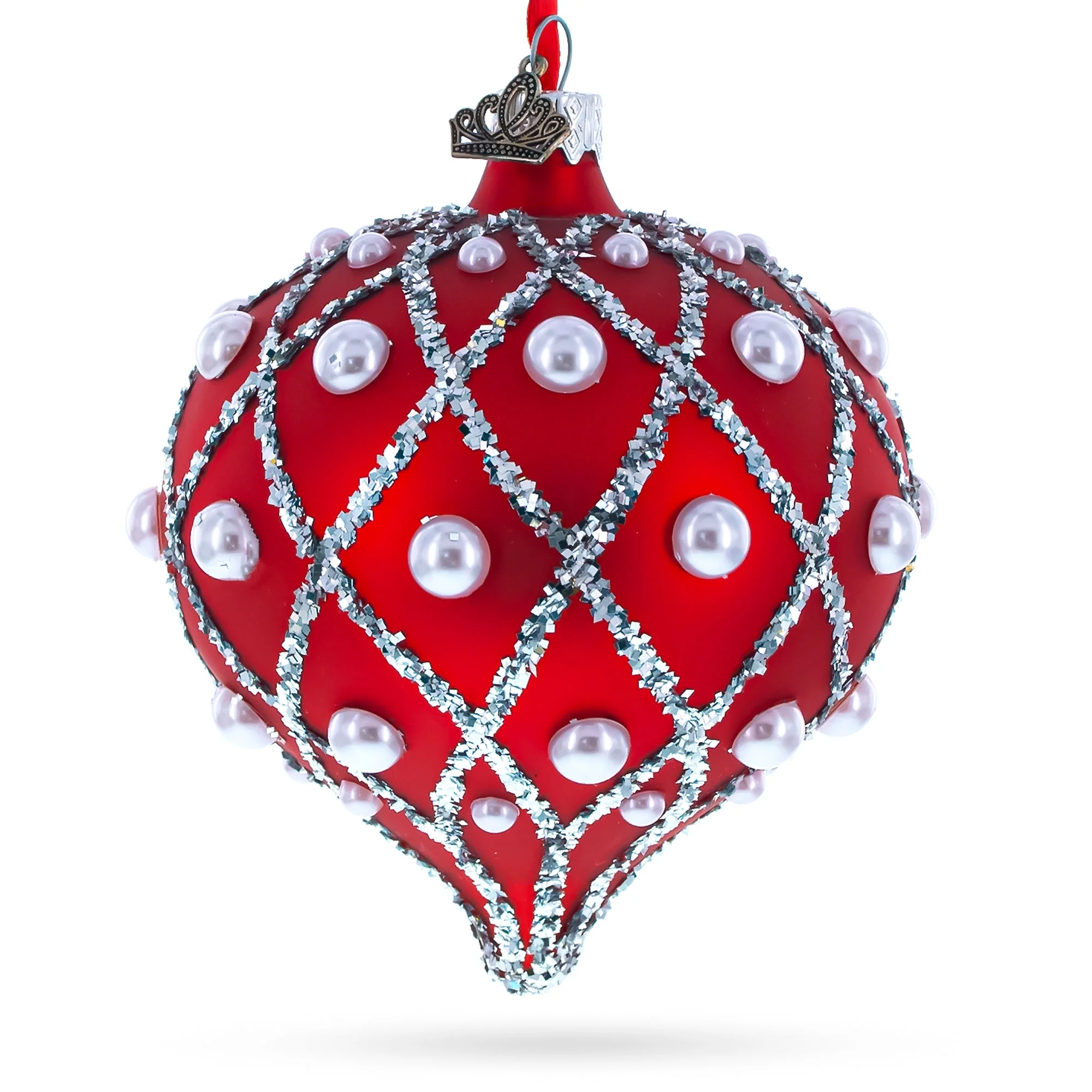 Pearls on Red Icat Glass Onion Finial Christmas Ornament