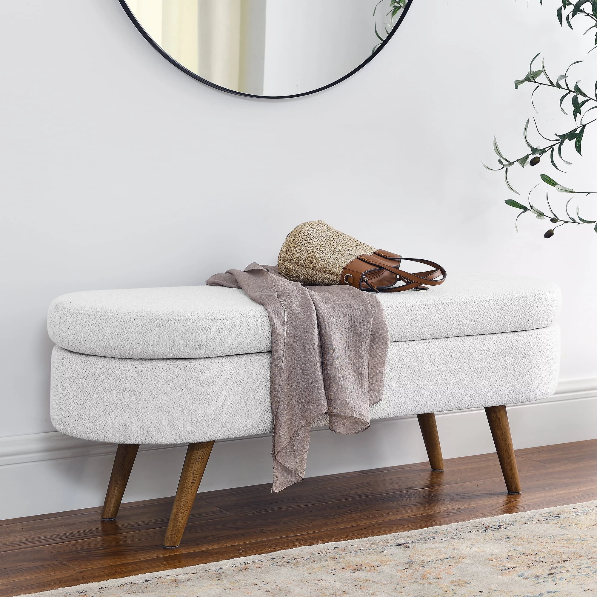 Ottoman Oval Storage Bench,Rubber Wood Legs,White(43.5