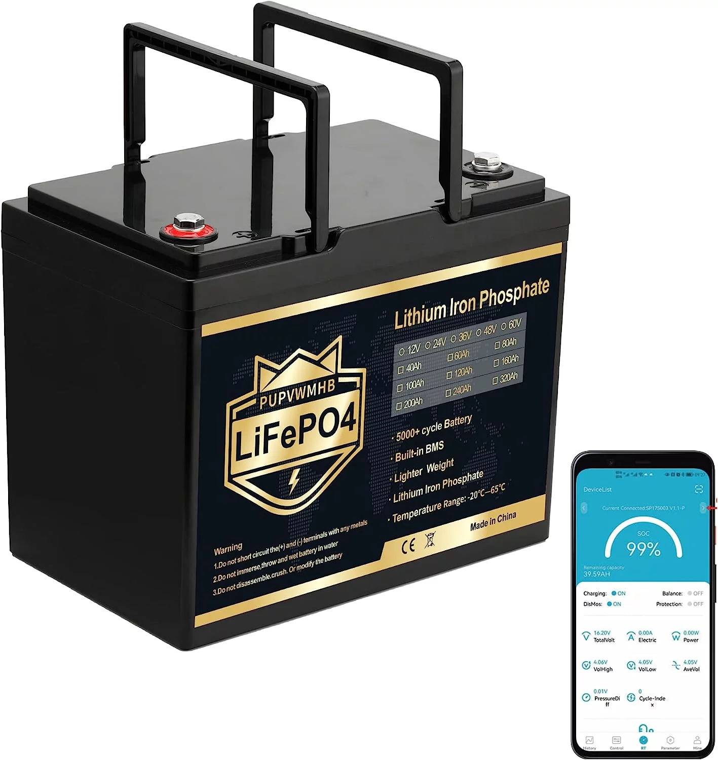 PUPVWMHB 12V 100Ah MINI LiFePO4 Lithium Battery, Bluetooth Lithium Battery,100A BMS,Up to 15000 Cycles, Max.1280Wh Energy with 10 Years Lifetime Low Temp Cut off, Perfect for RV, Solar, Trolling Motor