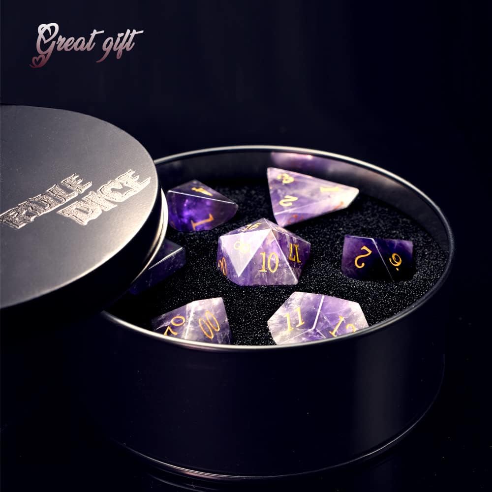 Natural Gemstone DND Dice Set,7 Pcs Amethyst Crystal Handmade Polyhedral D&D gem Dices with Gift Metal Box for Dungeons and Dragons MTG Role Playing Games Natural Stone d and d Dice