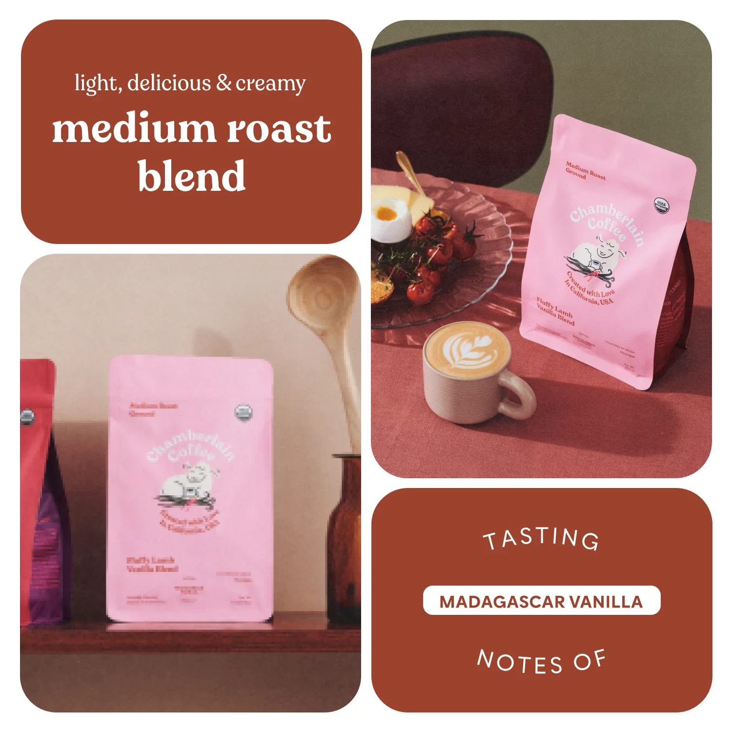 Chamberlain Coffee, Fluffy Lamb Vanilla Medium Roast Grounds Bag, Naturally Caffeinated, 12 oz