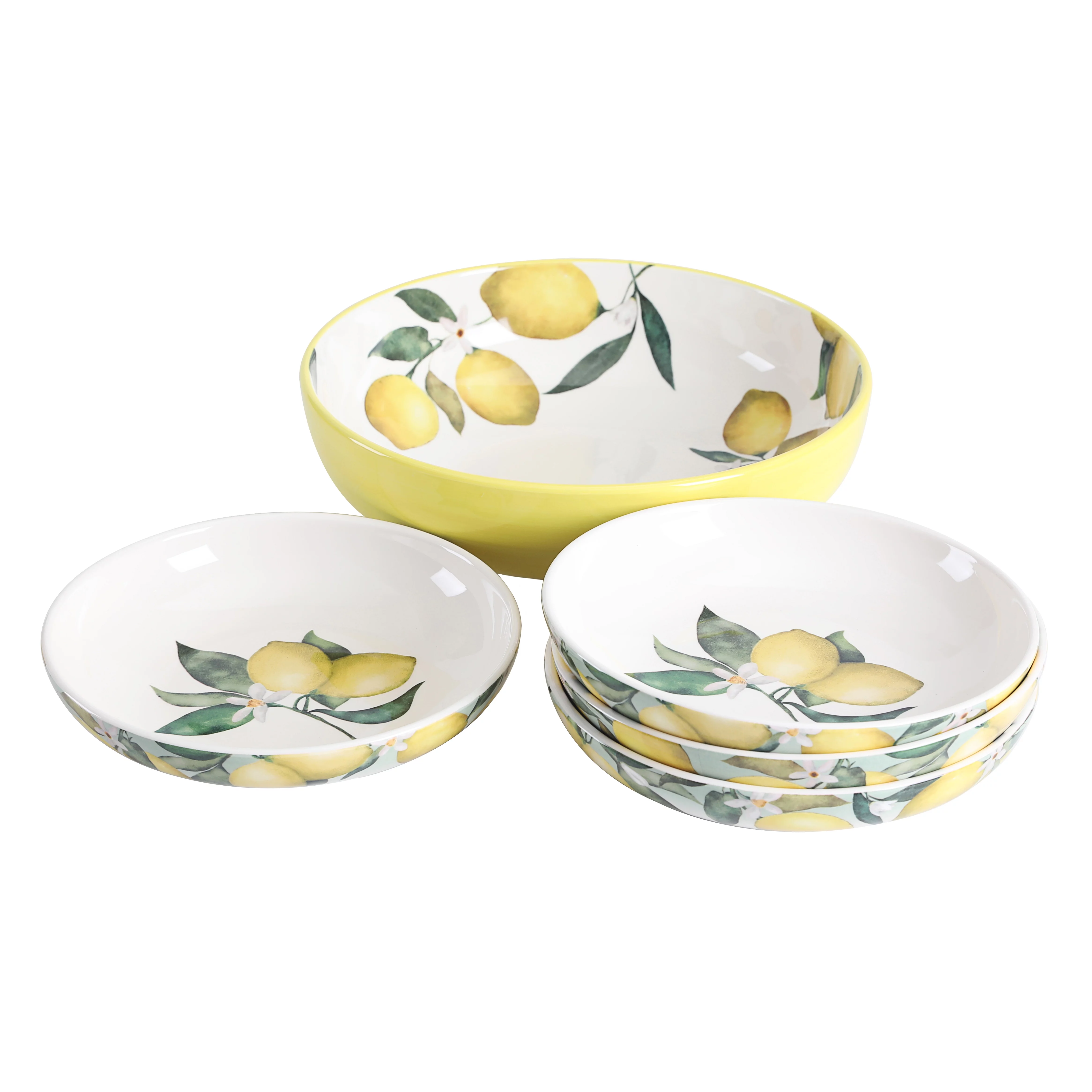 Bico Lemon Dreams Ceramic Pasta Bowl, Set of 5(1 unit 214oz, 4 units 35oz), for Pasta, Salad, Microwave & Dishwasher Safe