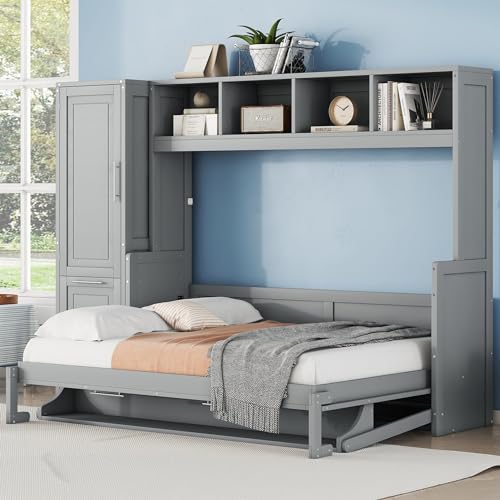 Harper & Bright Designs Queen Size Murphy Bed Wall Bed with Closet and Storage Drawers, Shelf and Desk Space-Saving for Multipurpose Guest Room or Home Office, White