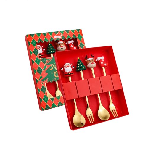 Forks and Spoons Set for Christmas, Christmas Cutlery, Coffee Spoons Coffee Stirrer Dessert Spoon Fruit fork, 4 Pack Xmas Dinner Forks Set Stainless Steel Set with Gift Box for Festive Celebrations