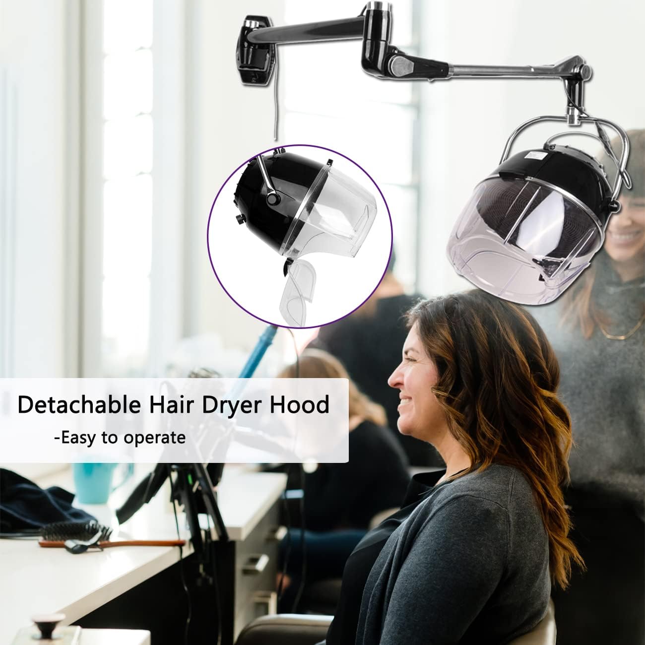 Samger Retractable 900W Wall Mounted Hair Hood Dryer Professional Hair Dryer with Flexible Swivel Arm Built-in 60min Timer Adjustable Temperature 70℃ Beauty Barber Spa Equipment Fits Concrete Wall