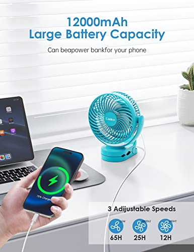 Camping Fan with Remote Control - 12000mAh Rechargeable Battery Powered Fan, Camping Fans for Tents with LED light & Hanging Hook, Rechargeable Battery Operated Ceiling Fans for Tent RV Bed, Green