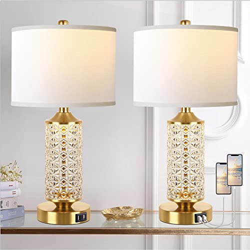 QiMH Set of 2 Table Lamps with USB Ports, Modern Bedside Lamp with LED Night Light for Bedroom, Nightstand Lamps for Living Room Office (Gold)(2 Bulbs Include)