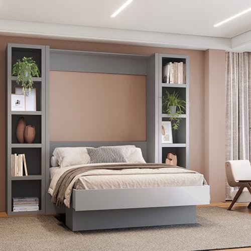 Oakland Living Easy-Lift Queen Murphy Wall Bed in Brown Wood Grain with Two Bookshelves