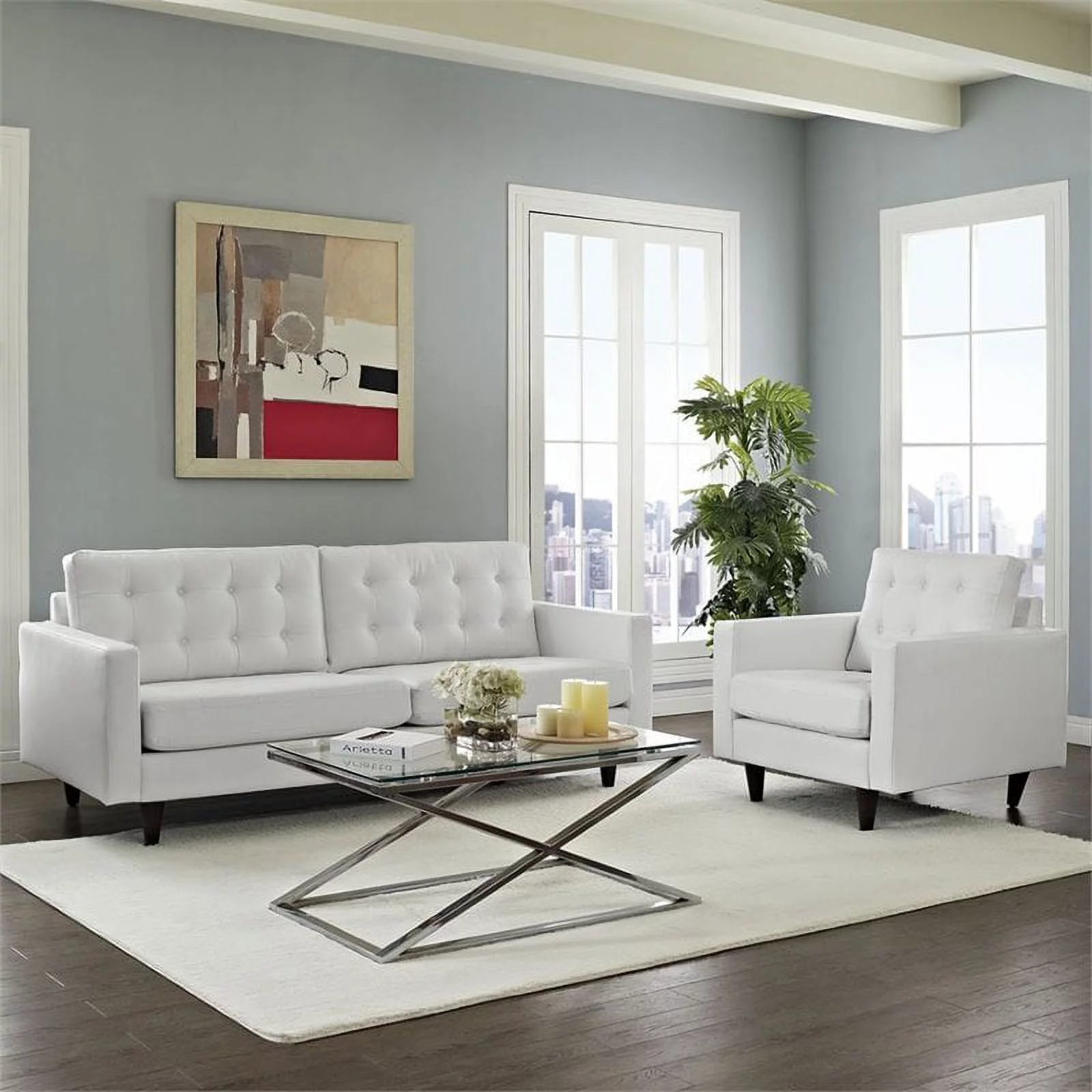 Hawthorne Collection 2 Piece Leather Tufted Sofa Set in White