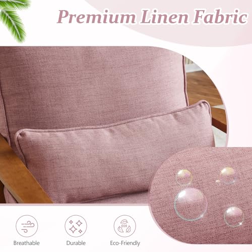 VINGLI Solid Wood Wide Armrests Accent Chair,Upholstered Mid Century Modern Chair with Pillow,Comfy Reading Chair Farmhouse Arm Chair,Chairs Living Room,Bedroom,Guest Room,Linen Fabric,Beige