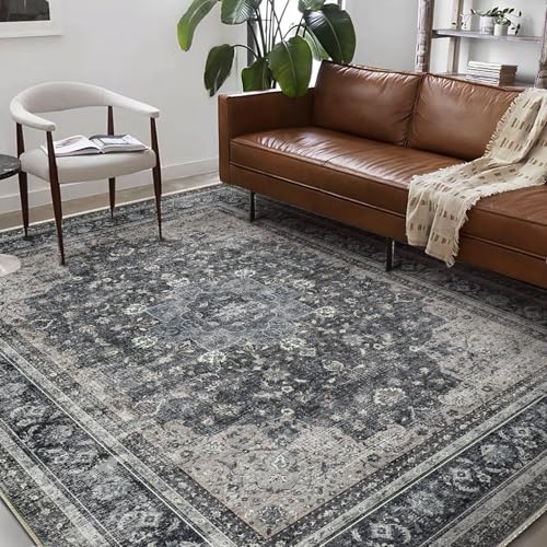6'x9' Washable Vintage Area Rug Boho Chic Medallion Distressed Design Non-Shedding Easy Care Ideal for High Traffic Areas in Living Room Bedroom Kitchen Office Large Carpet