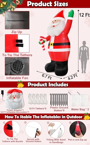 12 Ft by 7 Ft Giant Christmas Inflatables Santa Claus Christmas Decorations Outdoor, Blow Up Santa Holds Candy Cane with Built-in LED Lights Tethers Stakes for Yard Lawn Garden Holiday Party Decor