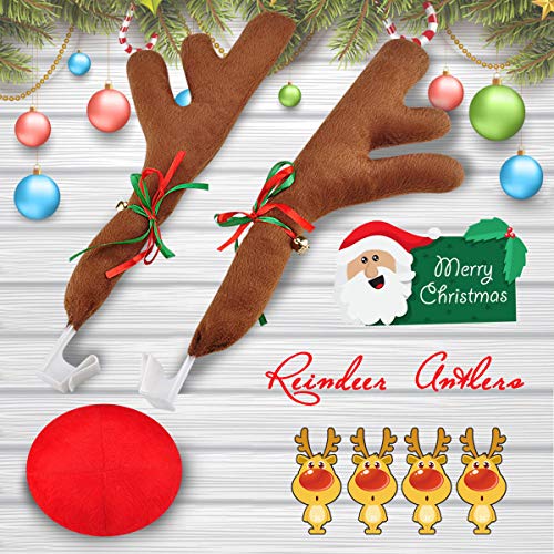 Upgraded Car Reindeer Antler Kit Christmas Rudolph Auto Decorations, Rudolph Auto Accessories with Tail, Nose - Add Holiday Spirit