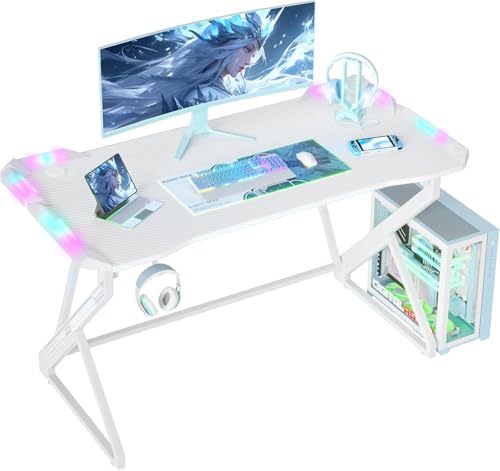 TIQLAB Gaming Desk with LED Lights, 40 Inch Computer Desk Z Shaped Gamer Workstation, Gaming Table with Carbon Fiber Surface, PC Gamer Desk, Black