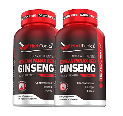 Herbtonics Korean Red Panax Ginseng 1500mg - High Potency Ginseng for Energy, Performance & Immune Support for Men & Women - Ginseng Root Extract Powder Supplement for Focus and Vitality -120 Capsules