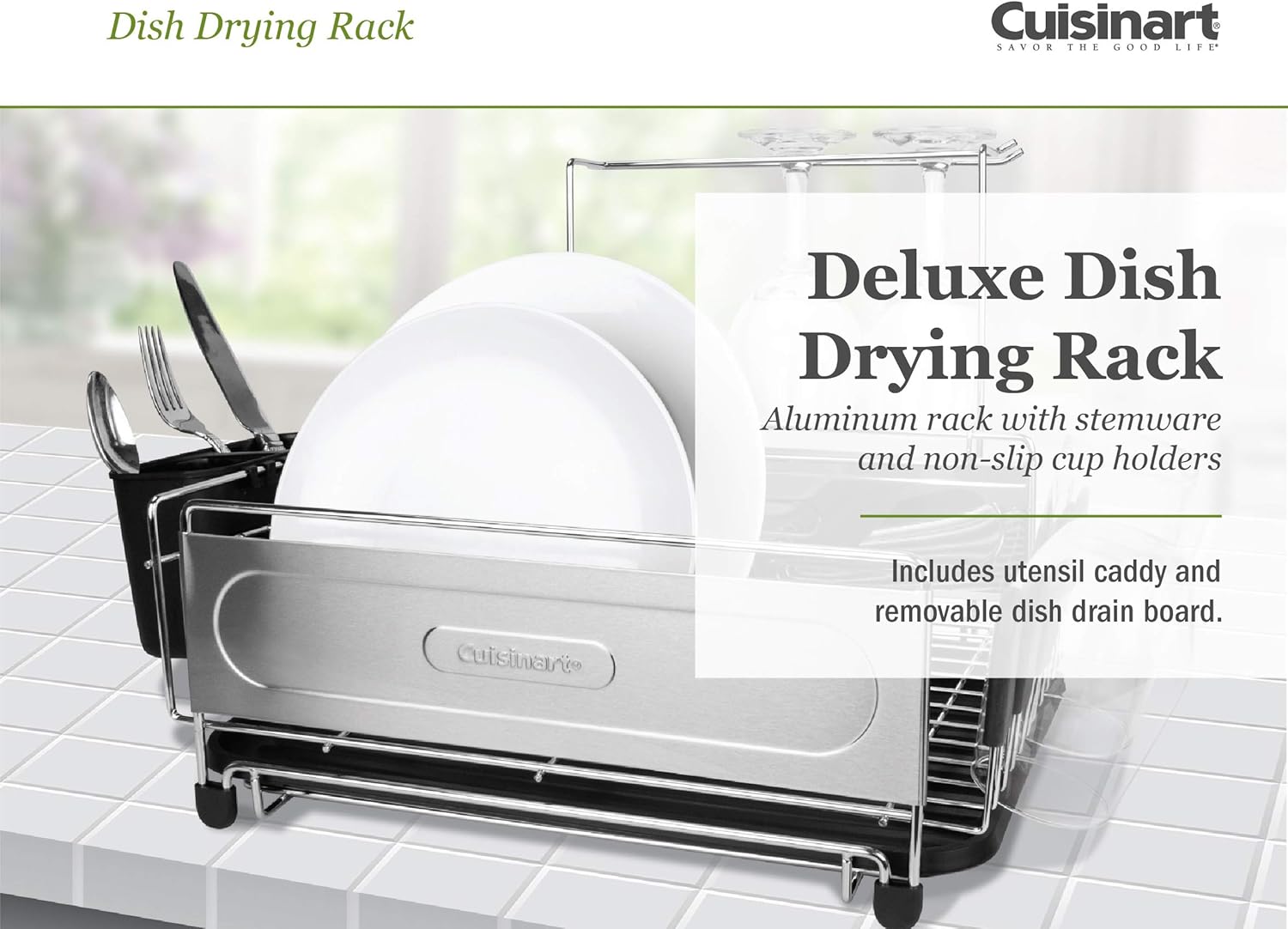 Cuisinart Stainless Steel Dish Drying Rack – includes Wire Dish Drying Rack, Utensil Caddy, Draining Board, Stemware Holder, and Non-Slip Cup Holders, 14.4” x 12” x 6”- Stainless Steel/Black