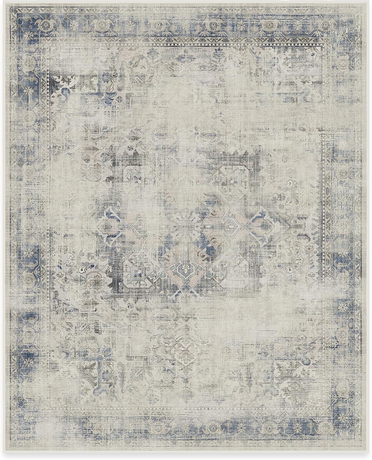 RUGGABLE Kamran Washable Rugs 8x10 - Non Slip, Vintage Machine Washable Area Rug, Living Room, Bedroom, Dining Room, Kitchen, Indoor Large Area Rug, Blue Quartz 8'x10' (Standard Pad)