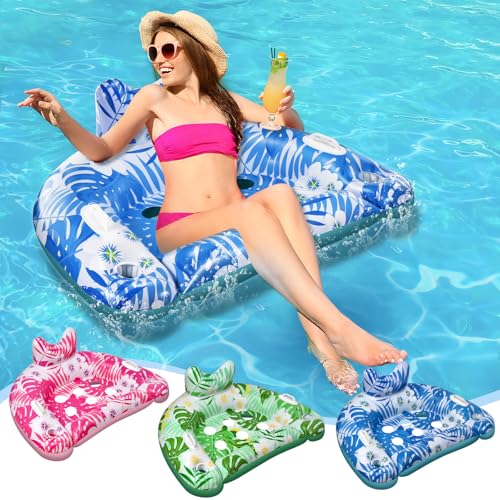 Pool Floats, 3 Pack Inflatable Pool Floats Adult & Kids, Pool Float with Cupholders & Duty Handles, Upgraded Pool Chairs, Perfect Summer Pool Toys for Lakes, Rivers, Beach Vacation, Water Party Fun