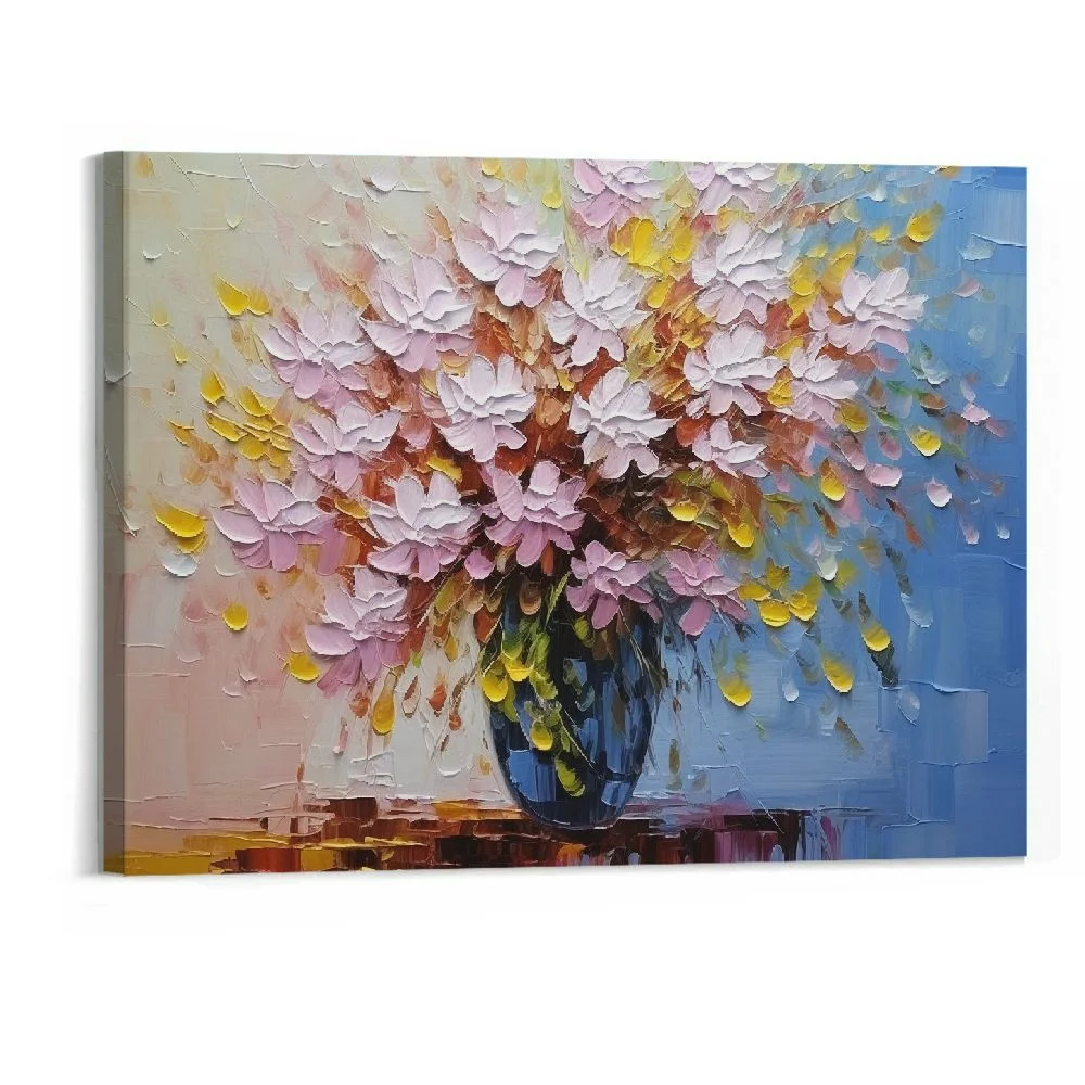 Chilfamy  Art,20x16Inch Textured Blooming Flower Oil Paintings Colorful Floral Wall Art Bouquet Artwork Oil Hand Painting Home Decor Art Framed Ready to Hang