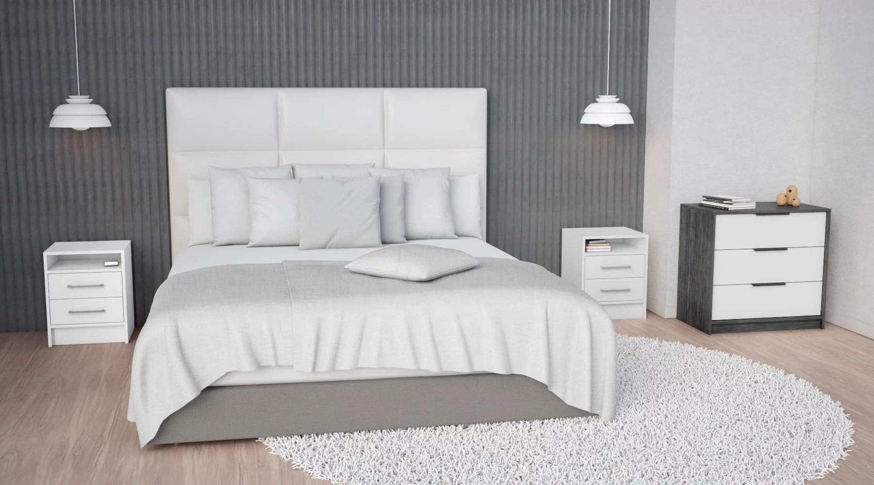 TUHOME Eter 3-Piece Bedroom Set with 3-Drawer Dresser and 2 Nightstands, White/Smokey Oak