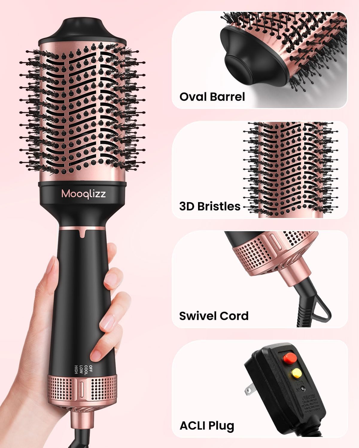 Hair Dryer Brush Blow Dryer Brush in One, Hot Air Brush Volumizer Round Brush, 4 in 1 Fast Drying Blowout Brush, Pink Black