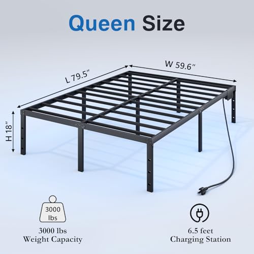 Full Size Bed Frame with LED Lights & Charging Station - 14 Inch Heavy Duty Metal Platform Bed Frame No Box Spring Needed, Easy Assembly, No Noise