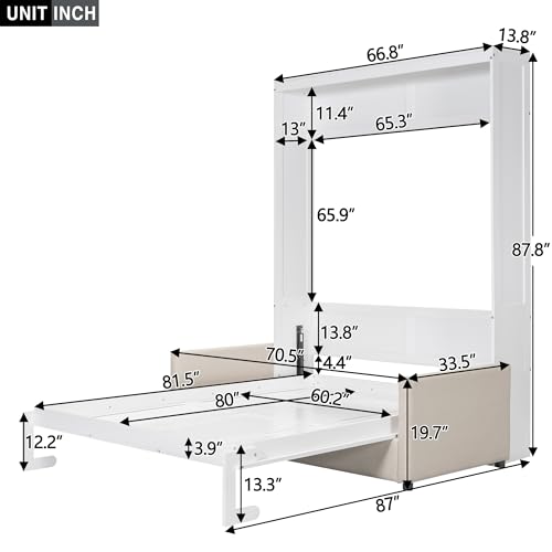 LZ LEISURE ZONE Queen Size Murphy Bed, Wooden Queen Murphy Wall Bed with Cushion and Sofa, for Home Office or Small Room, White